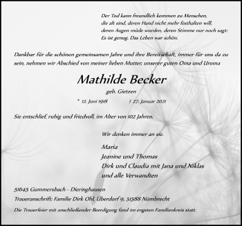 Anzeige von Mathilde Becker von  Anzeigen Echo 