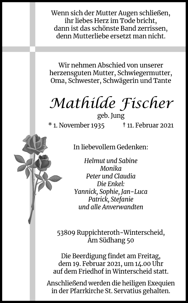  Traueranzeige für Mathilde Fischer vom 13.02.2021 aus Kölner Stadt-Anzeiger / Kölnische Rundschau / Express