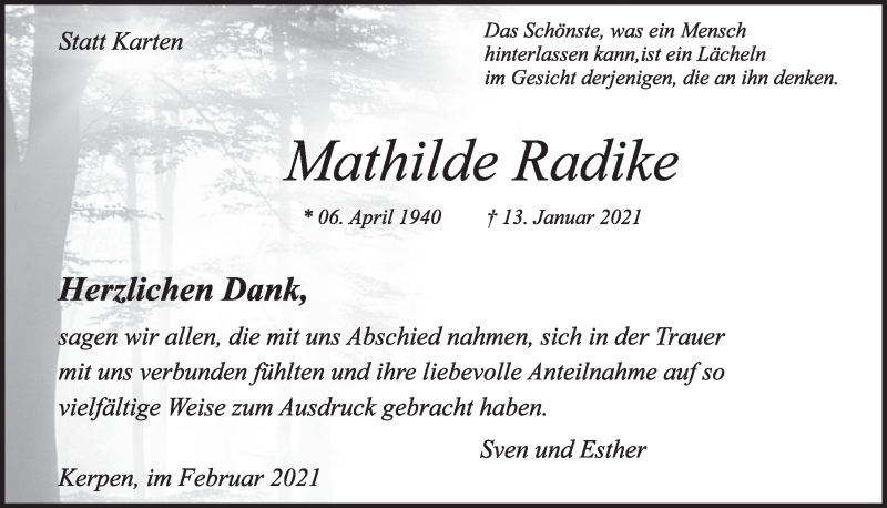  Traueranzeige für Mathilde Rathke vom 12.02.2021 aus  Werbepost 