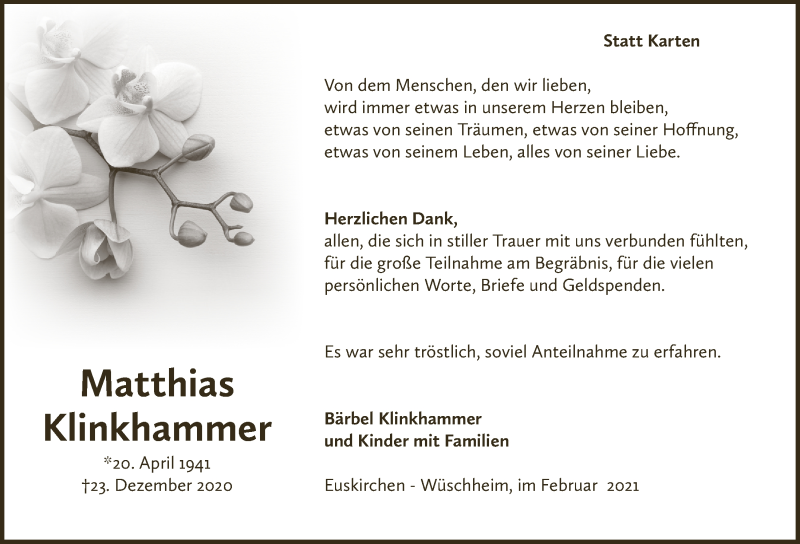  Traueranzeige für Matthias Klinkhammer vom 27.02.2021 aus  Blickpunkt Euskirchen 