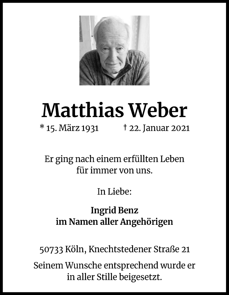  Traueranzeige für Matthias Weber vom 06.02.2021 aus Kölner Stadt-Anzeiger / Kölnische Rundschau / Express