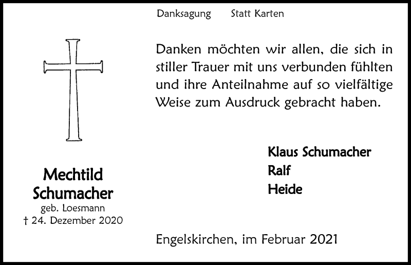  Traueranzeige für Mechtild Schumacher vom 26.02.2021 aus  Anzeigen Echo 