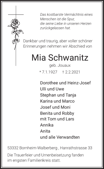 Anzeige von Mia Schwanitz von  Schaufenster/Blickpunkt  Schlossbote/Werbekurier 