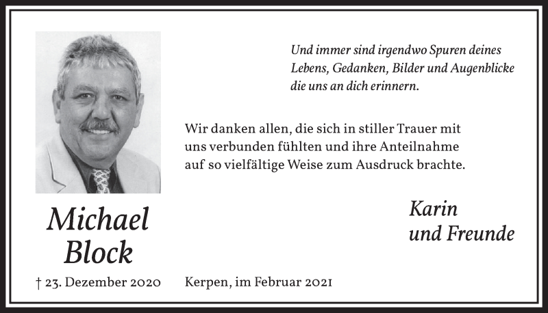  Traueranzeige für Michael Block vom 26.02.2021 aus  Werbepost 