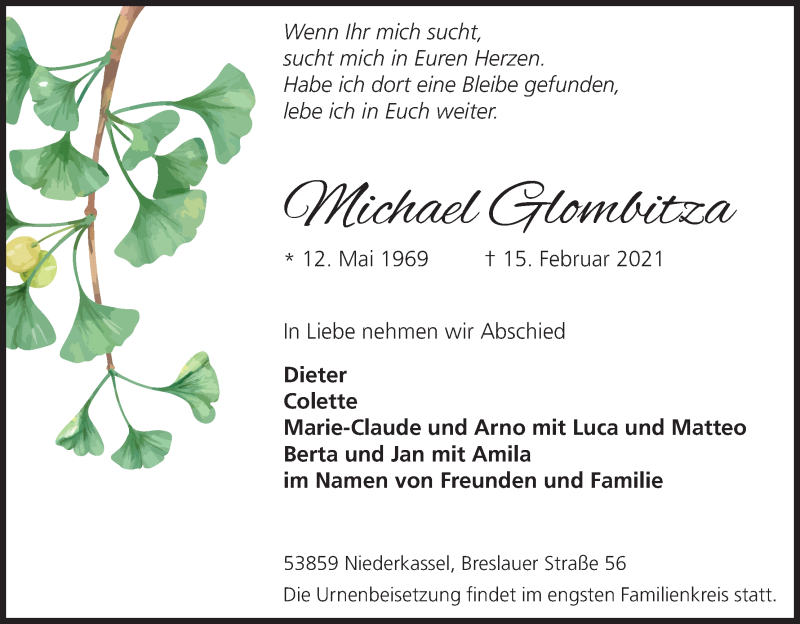  Traueranzeige für Michael Glombitza vom 27.02.2021 aus Kölner Stadt-Anzeiger / Kölnische Rundschau / Express