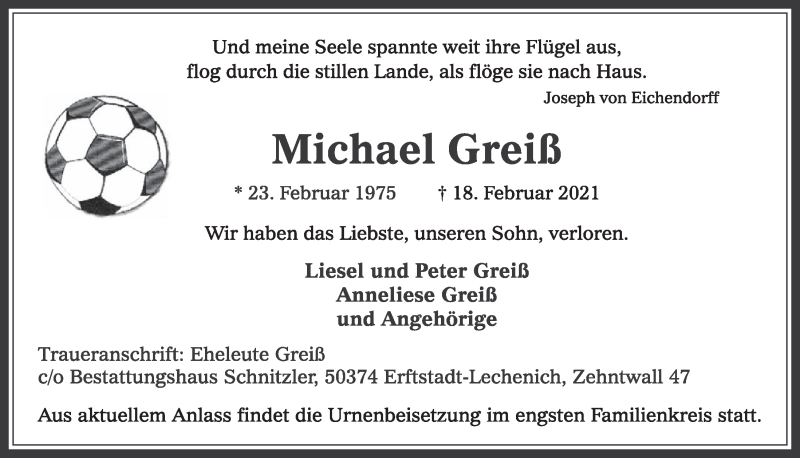  Traueranzeige für Michael Greiß vom 26.02.2021 aus  Werbepost 