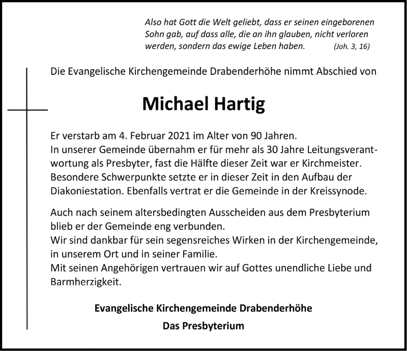  Traueranzeige für Michael Hartig vom 12.02.2021 aus  Anzeigen Echo 