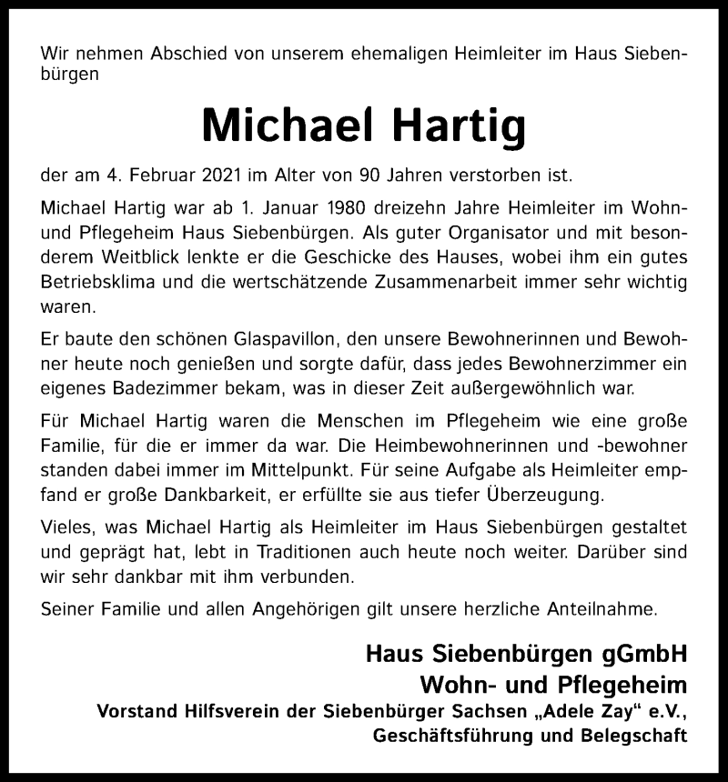  Traueranzeige für Michael Hartig vom 13.02.2021 aus Kölner Stadt-Anzeiger / Kölnische Rundschau / Express