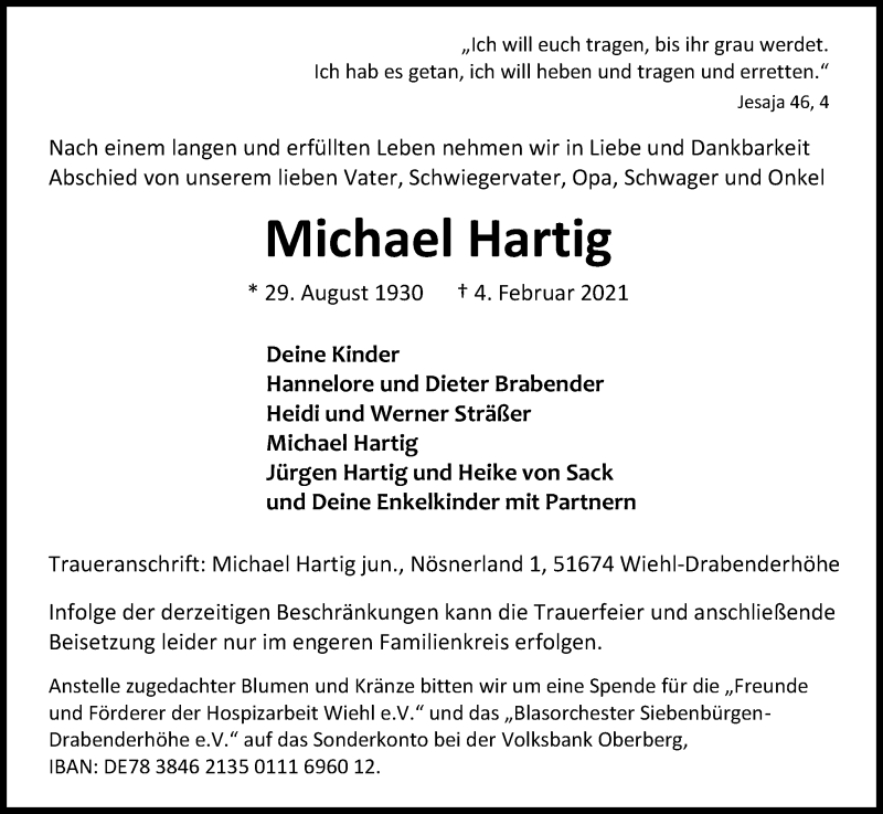  Traueranzeige für Michael Hartig vom 09.02.2021 aus Kölner Stadt-Anzeiger / Kölnische Rundschau / Express