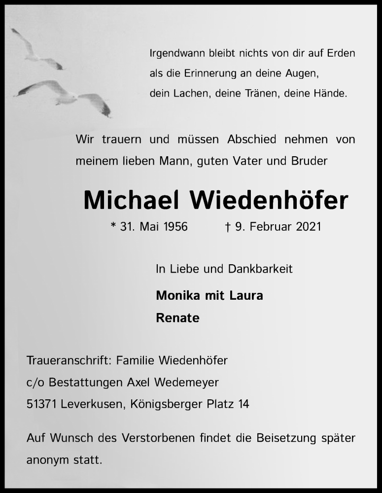  Traueranzeige für Michael Wiedenhöfer vom 23.02.2021 aus Kölner Stadt-Anzeiger / Kölnische Rundschau / Express