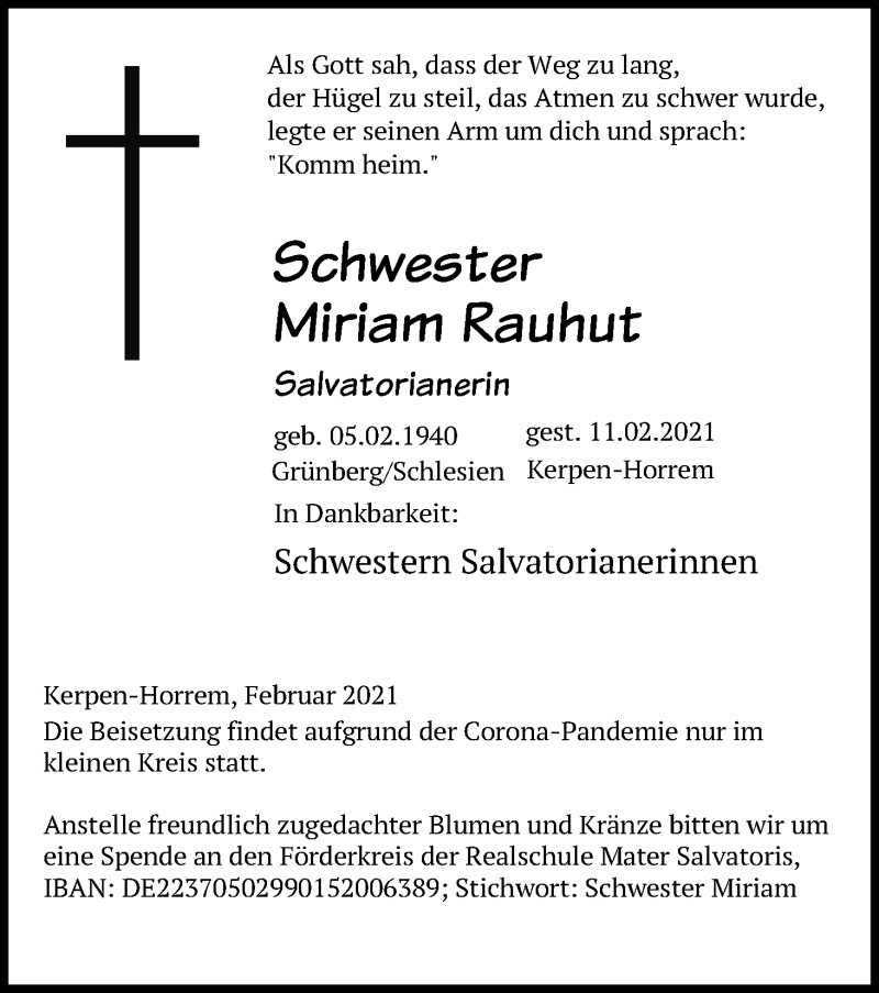  Traueranzeige für Miriam Rauhut vom 13.02.2021 aus Kölner Stadt-Anzeiger / Kölnische Rundschau / Express