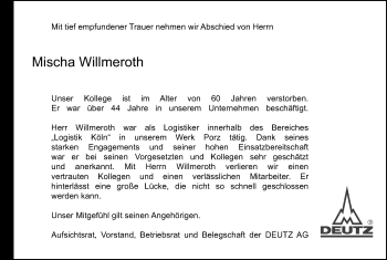Anzeige von Mischa Willmeroth von Kölner Stadt-Anzeiger / Kölnische Rundschau / Express