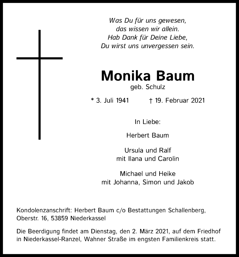  Traueranzeige für Monika Baum vom 27.02.2021 aus Kölner Stadt-Anzeiger / Kölnische Rundschau / Express