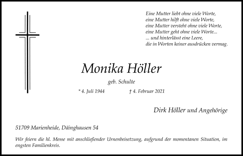  Traueranzeige für Monika Höller vom 12.02.2021 aus  Anzeigen Echo 