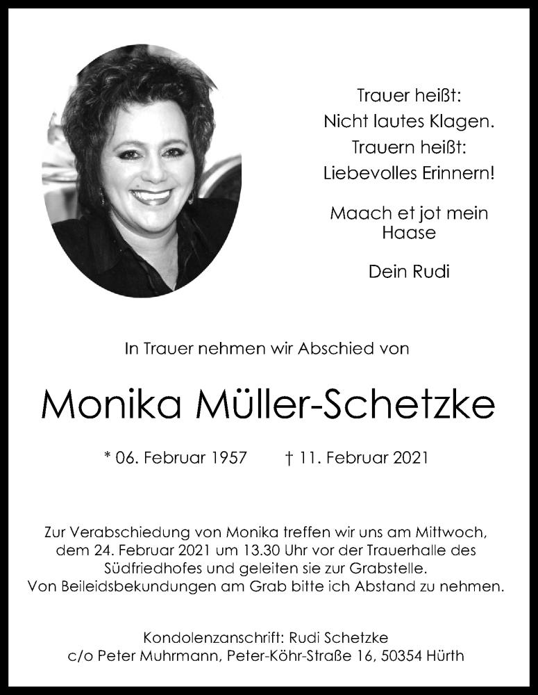  Traueranzeige für Monika Müller-Schetzke vom 20.02.2021 aus Kölner Stadt-Anzeiger / Kölnische Rundschau / Express