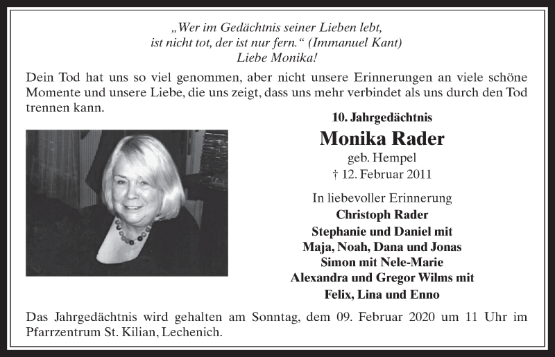  Traueranzeige für Monika Rader vom 05.02.2021 aus  Werbepost 