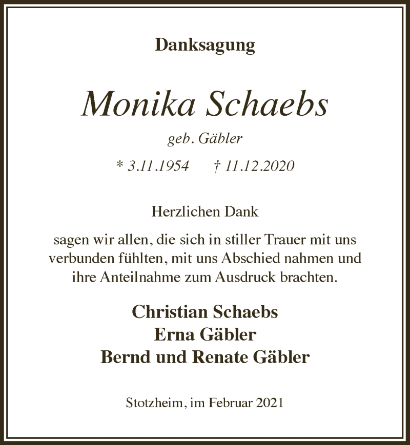  Traueranzeige für Monika Schaebs vom 13.02.2021 aus  Blickpunkt Euskirchen 