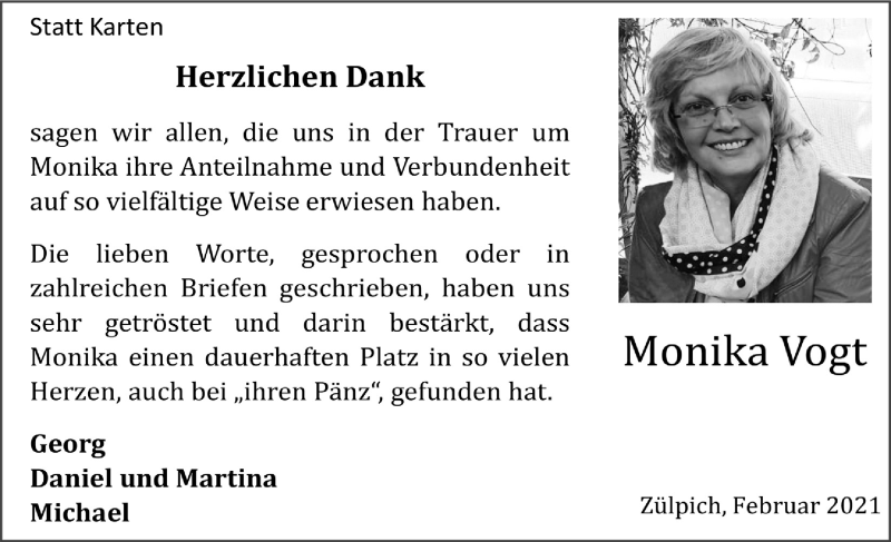  Traueranzeige für Monika Vogt vom 20.02.2021 aus  Blickpunkt Euskirchen 