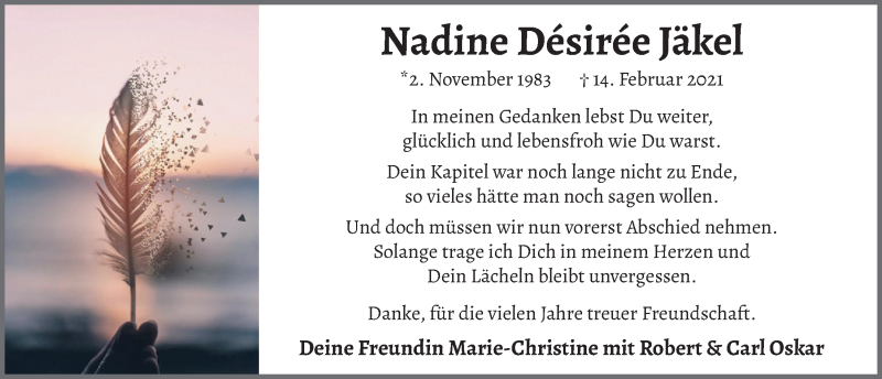  Traueranzeige für Nadine Désirée Jäkel vom 19.02.2021 aus  Anzeigen Echo 