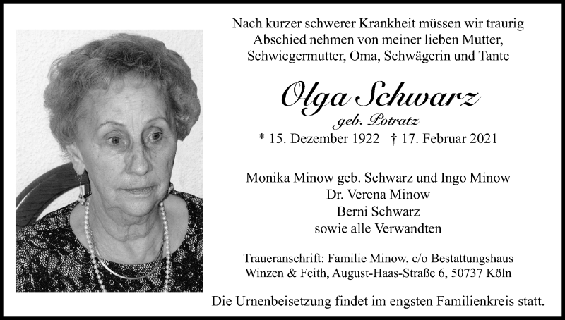  Traueranzeige für Olga Schwarz vom 27.02.2021 aus Kölner Stadt-Anzeiger / Kölnische Rundschau / Express