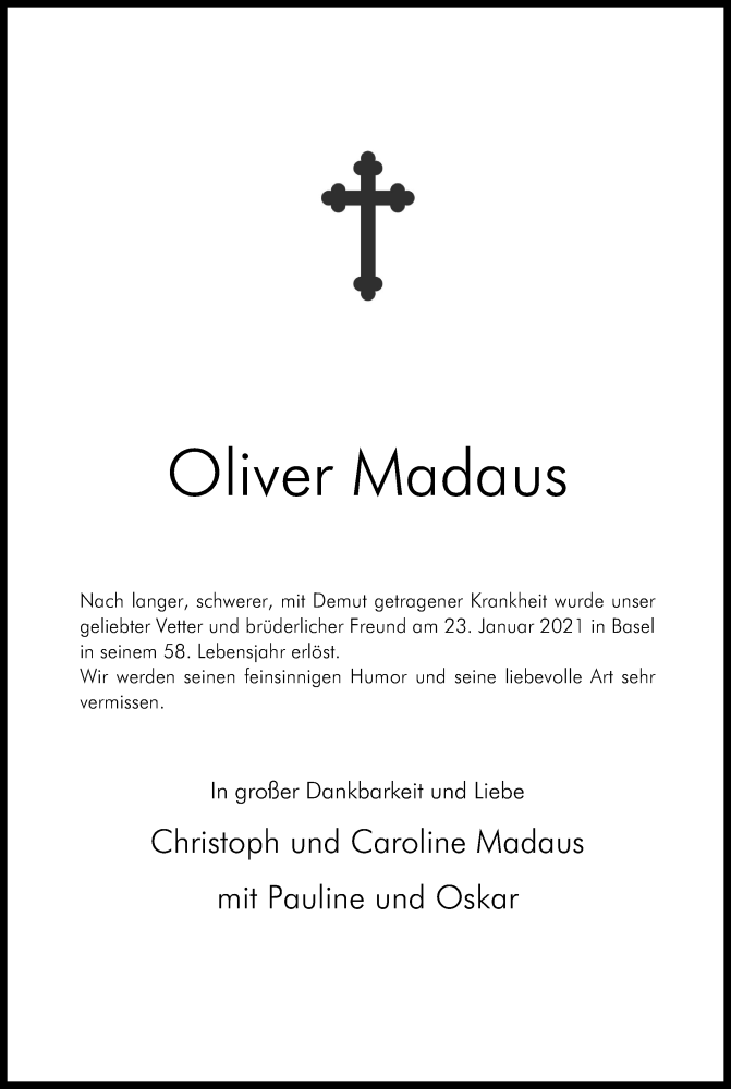  Traueranzeige für Oliver Madaus vom 06.02.2021 aus Kölner Stadt-Anzeiger / Kölnische Rundschau / Express
