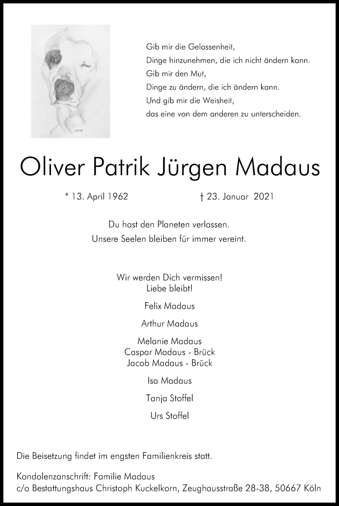  Traueranzeige für Oliver Patrik Jürgen Madaus vom 06.02.2021 aus Kölner Stadt-Anzeiger / Kölnische Rundschau / Express