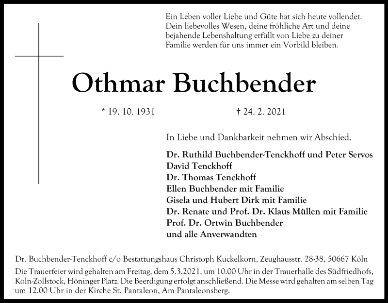  Traueranzeige für Othmar Buchbender vom 27.02.2021 aus Kölner Stadt-Anzeiger / Kölnische Rundschau / Express