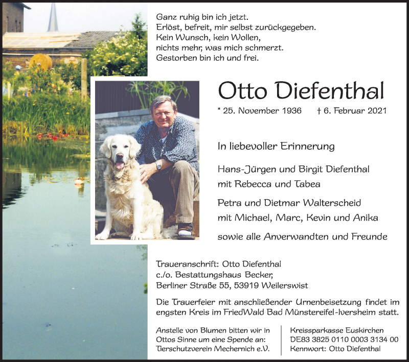  Traueranzeige für Otto Diefenthal vom 13.02.2021 aus Kölner Stadt-Anzeiger / Kölnische Rundschau / Express