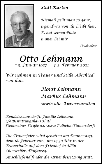 Anzeige von Otto Lehmann von Kölner Stadt-Anzeiger / Kölnische Rundschau / Express