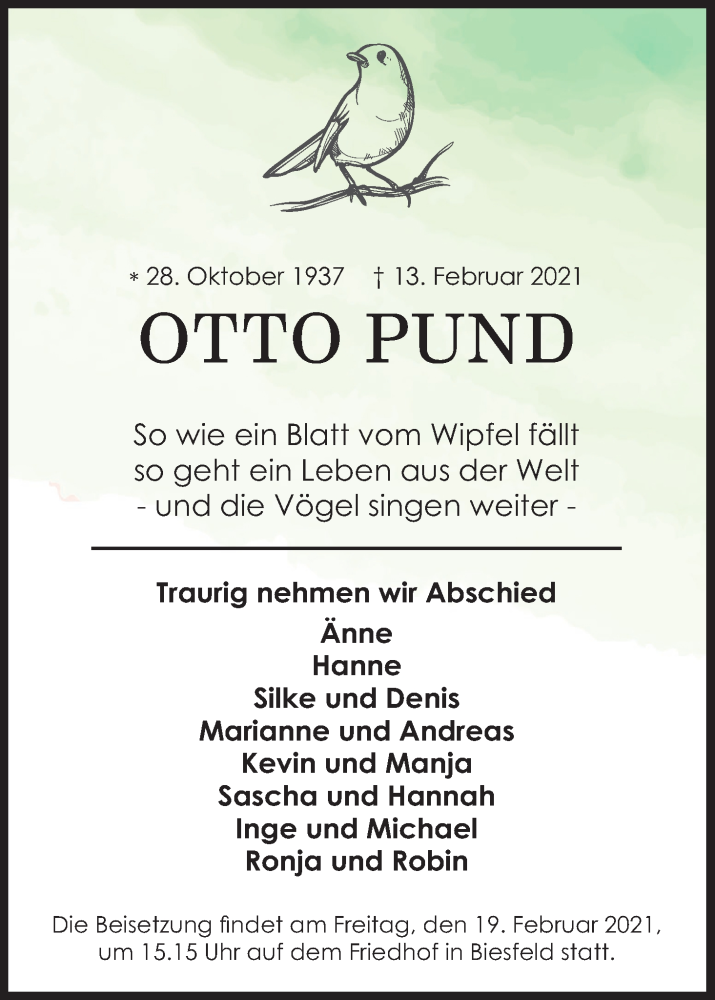  Traueranzeige für Otto Pund vom 18.02.2021 aus Kölner Stadt-Anzeiger / Kölnische Rundschau / Express