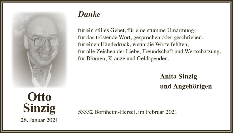  Traueranzeige für Otto Sinzig vom 26.02.2021 aus  Schaufenster/Blickpunkt 