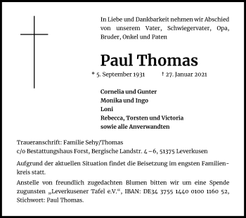 Anzeige von Paul Thomas von Kölner Stadt-Anzeiger / Kölnische Rundschau / Express