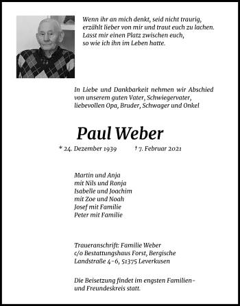 Anzeige von Paul Weber von Kölner Stadt-Anzeiger / Kölnische Rundschau / Express