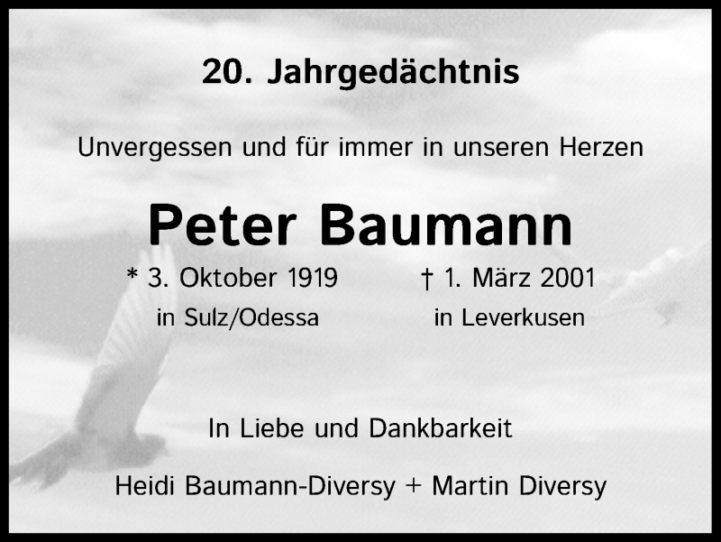  Traueranzeige für Peter Baumann vom 01.03.2021 aus Kölner Stadt-Anzeiger / Kölnische Rundschau / Express