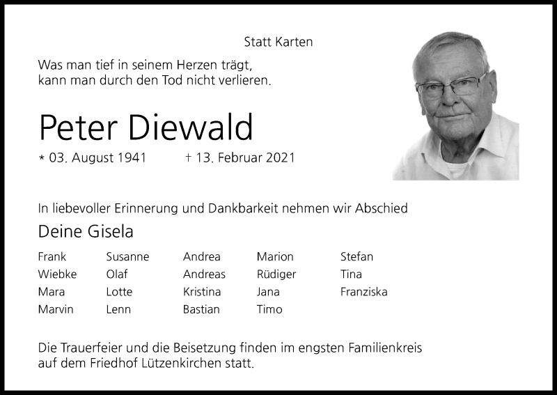  Traueranzeige für Peter Diewald vom 27.02.2021 aus Kölner Stadt-Anzeiger / Kölnische Rundschau / Express