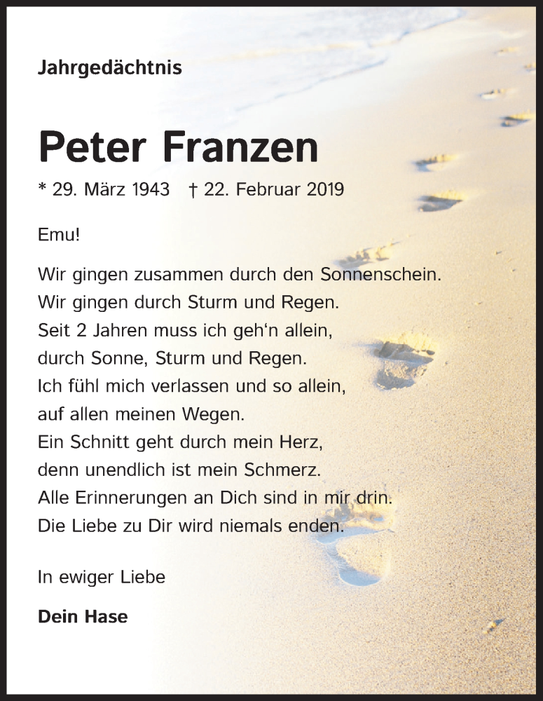  Traueranzeige für Peter Franzen vom 20.02.2021 aus Kölner Stadt-Anzeiger / Kölnische Rundschau / Express