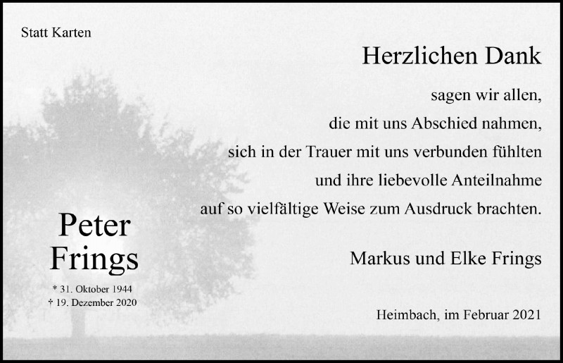  Traueranzeige für Peter Frings vom 06.02.2021 aus  Blickpunkt Euskirchen 