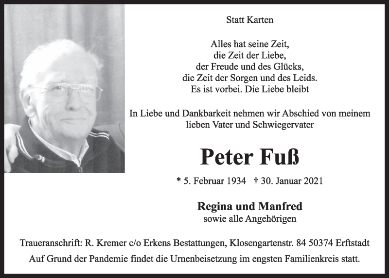  Traueranzeige für Peter Fuß vom 05.02.2021 aus  Werbepost 