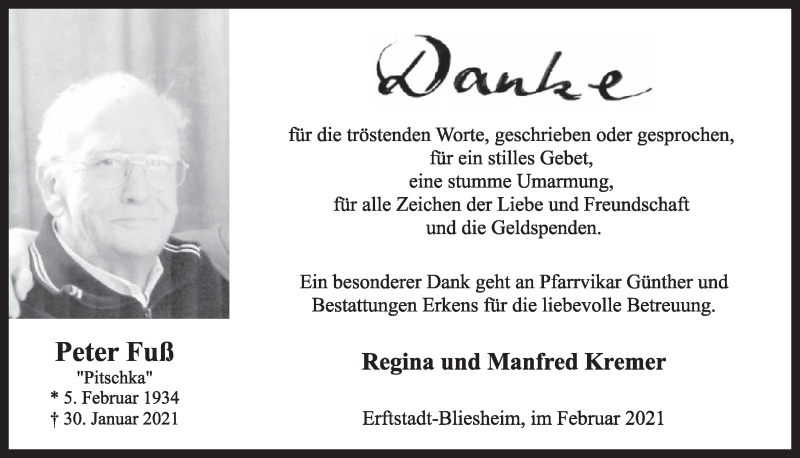  Traueranzeige für Peter Fuß vom 26.02.2021 aus  Werbepost 