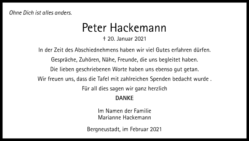  Traueranzeige für Peter Hackemann vom 13.02.2021 aus Kölner Stadt-Anzeiger / Kölnische Rundschau / Express
