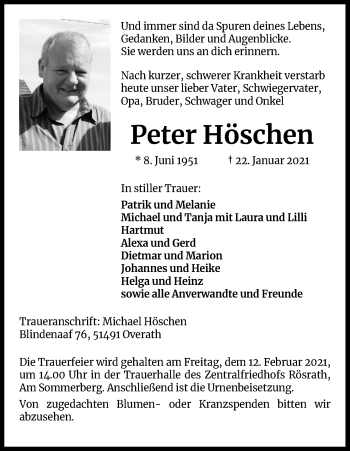 Anzeige von Peter Höschen von Kölner Stadt-Anzeiger / Kölnische Rundschau / Express