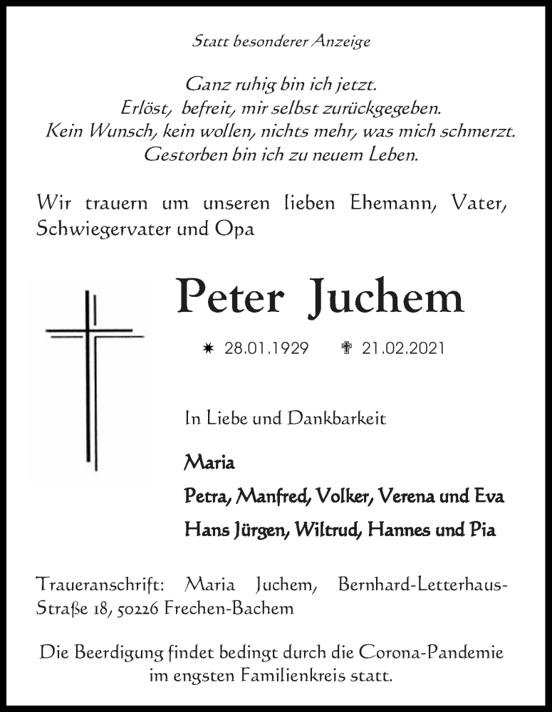  Traueranzeige für Peter Juchem vom 27.02.2021 aus Kölner Stadt-Anzeiger / Kölnische Rundschau / Express