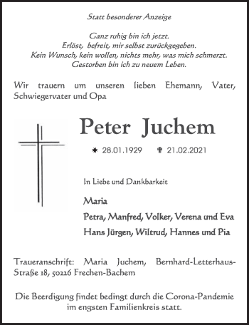 Anzeige von Peter Juchem von  Wochenende 