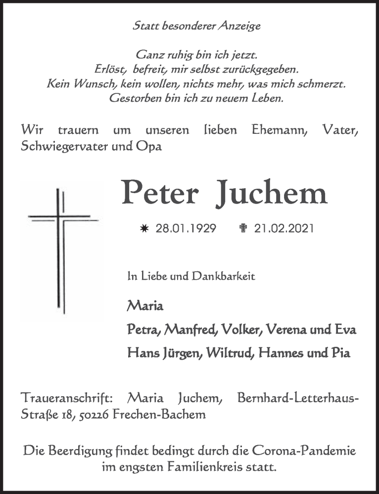  Traueranzeige für Peter Juchem vom 26.02.2021 aus  Wochenende 