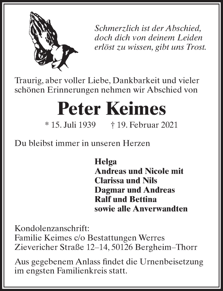  Traueranzeige für Peter Keimes vom 26.02.2021 aus  Werbepost 