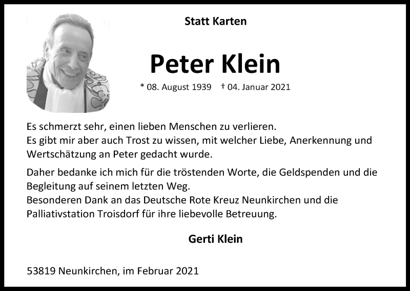 Traueranzeige für Peter Klein vom 10.02.2021 aus Kölner Stadt-Anzeiger / Kölnische Rundschau / Express