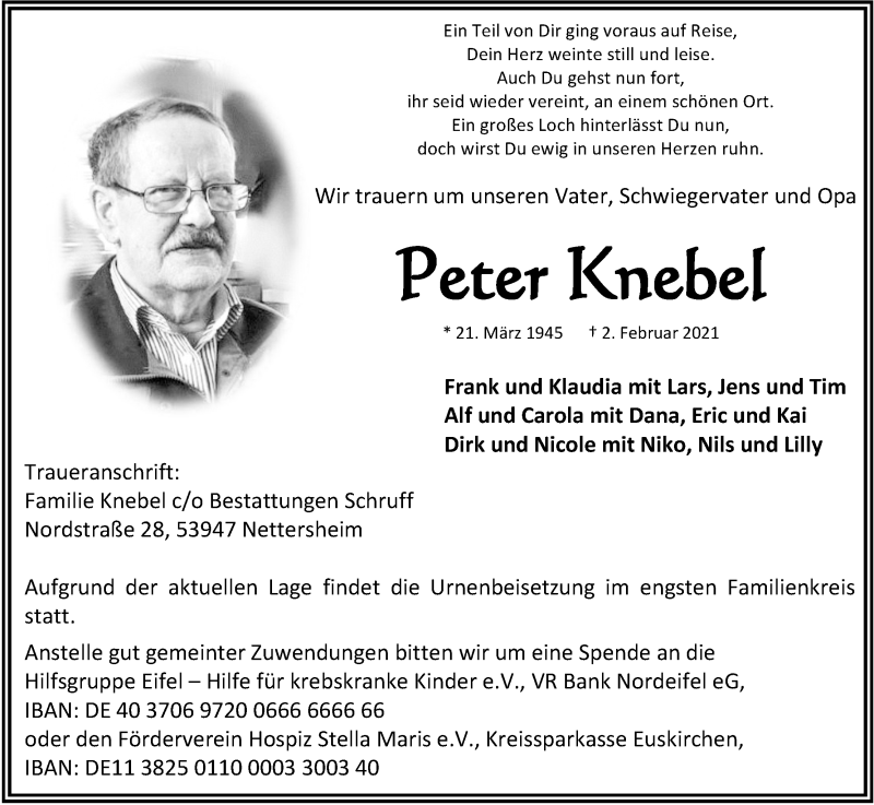  Traueranzeige für Peter Knebel vom 13.02.2021 aus Kölner Stadt-Anzeiger / Kölnische Rundschau / Express