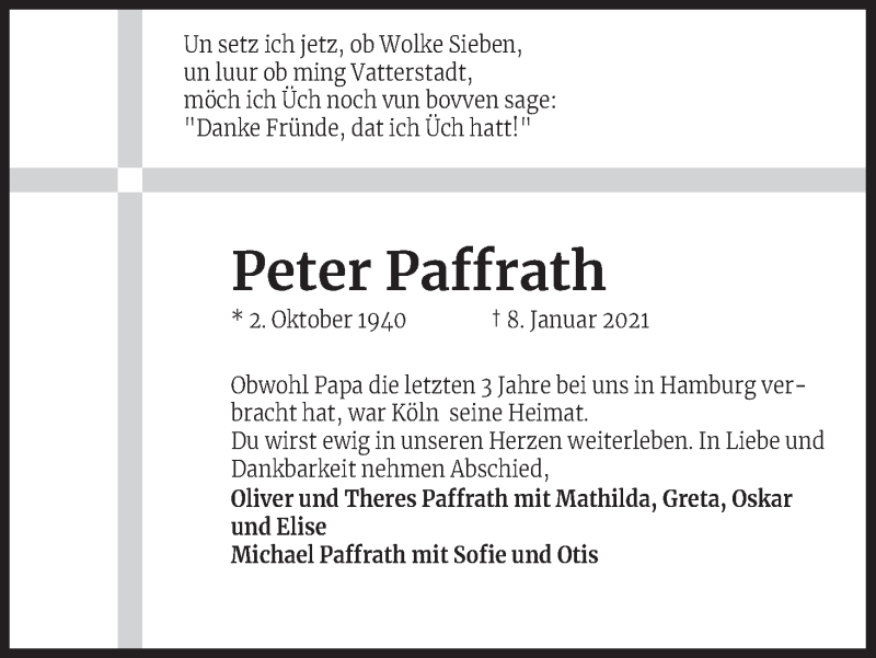  Traueranzeige für Peter Paffrath vom 13.02.2021 aus Kölner Stadt-Anzeiger / Kölnische Rundschau / Express