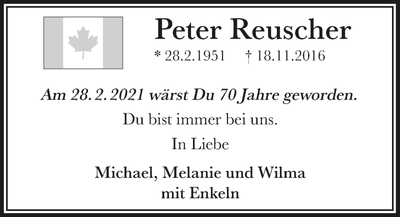  Traueranzeige für Peter Reuscher vom 26.02.2021 aus  Bergisches Handelsblatt 