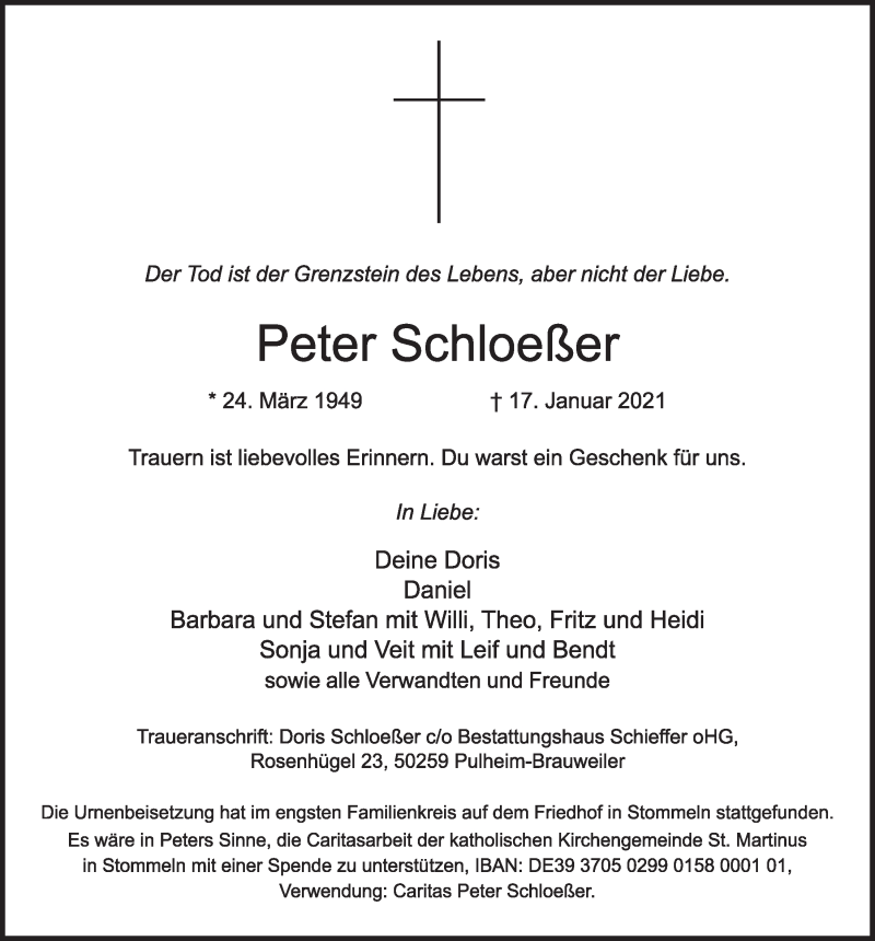  Traueranzeige für Peter Schloeßer vom 05.02.2021 aus  Wochenende 